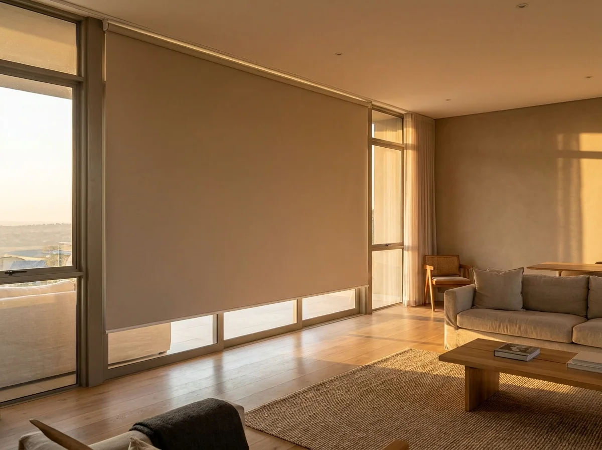 Interior blockout roller blind, one smooth flat fabric sheet on a tube, lowered across a west-facing glazed wall in a modern living room