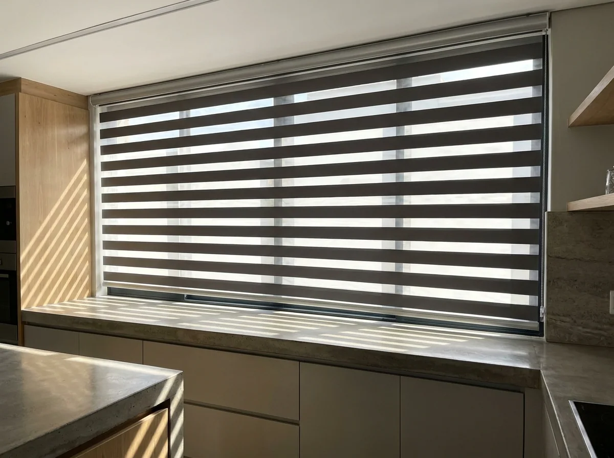 Day and night zebra blind with alternating sheer and solid horizontal bands on a single roller, throwing banded light across a kitchen counter