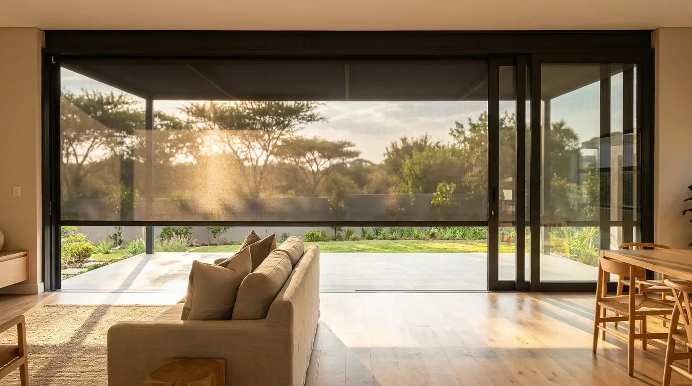 Living room in a Fourways estate home with an external sunscreen roller blind lowered over the sliding doors, afternoon light diffusing softly through the open-weave mesh