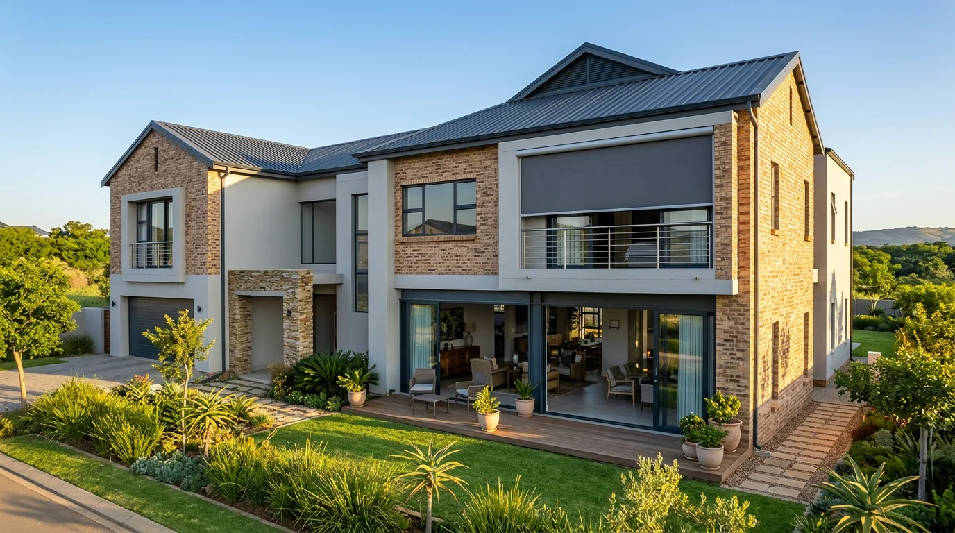 Late afternoon sun raking across a face-brick Fourways estate home with an external sunscreen roller blind half lowered over the upstairs opening