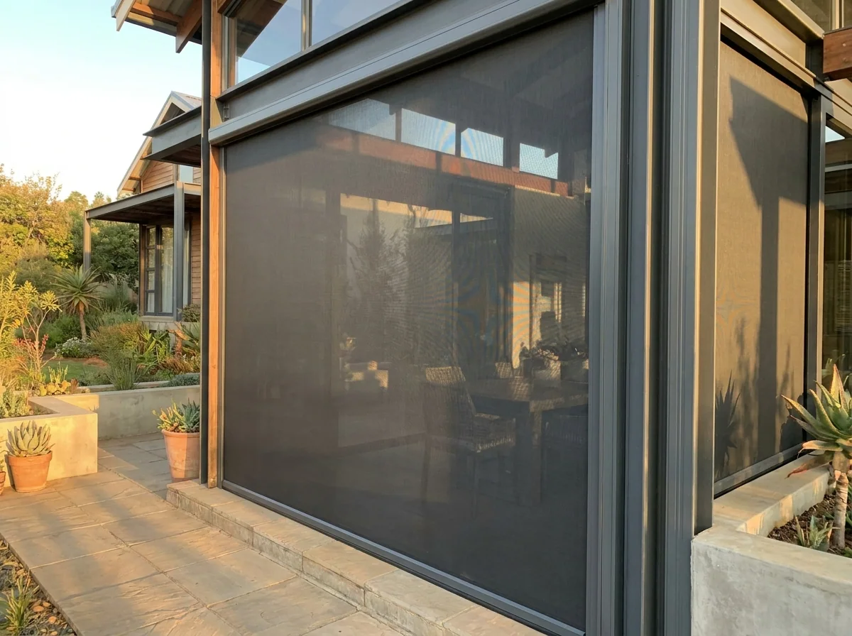 Outdoor zip screen running taut in slim aluminium side channels, closing one open side of a covered patio while the garden stays visible through the mesh