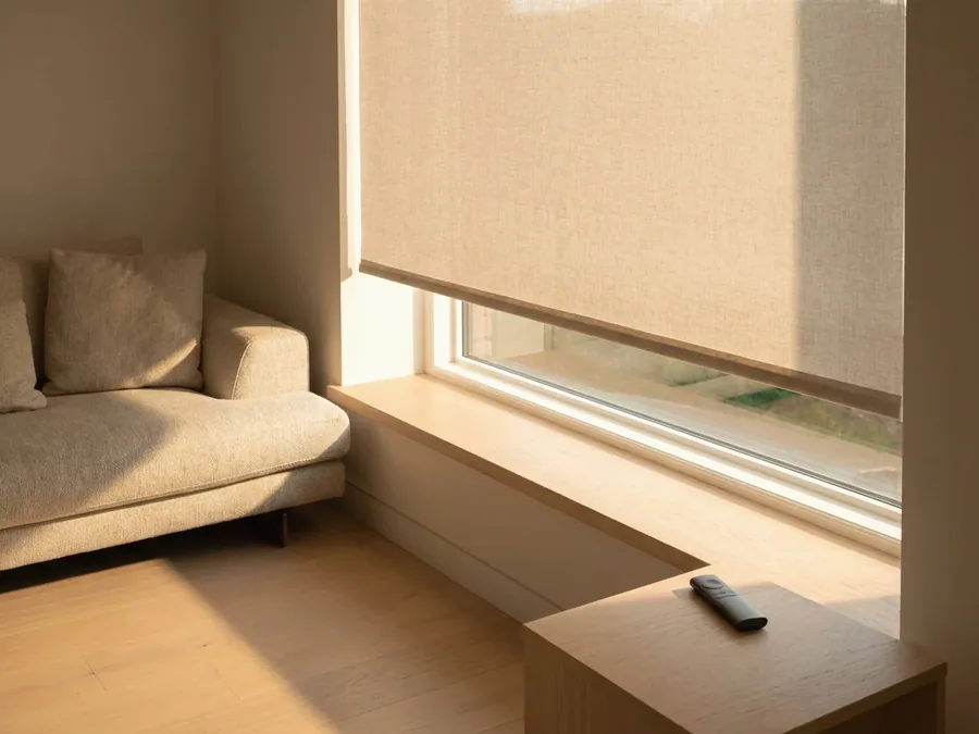 Motorised roller blind with its remote control on the side table in a Fourways lounge