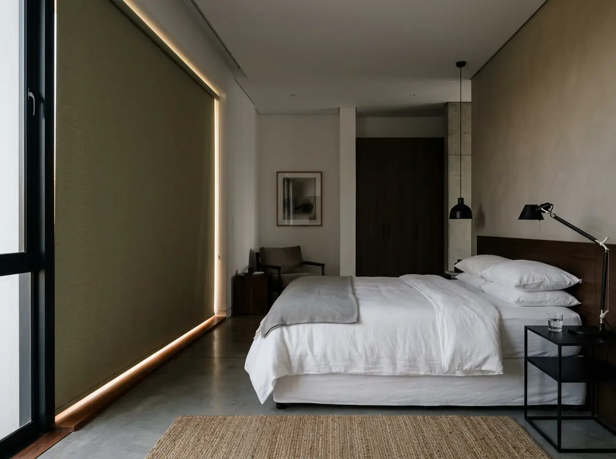 Bedroom in a Fourways family home with a wide blockout roller blind lowered