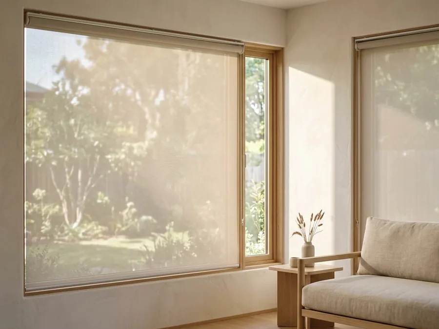 Sunscreen mesh roller blind keeping the garden view through a wide Fourways window